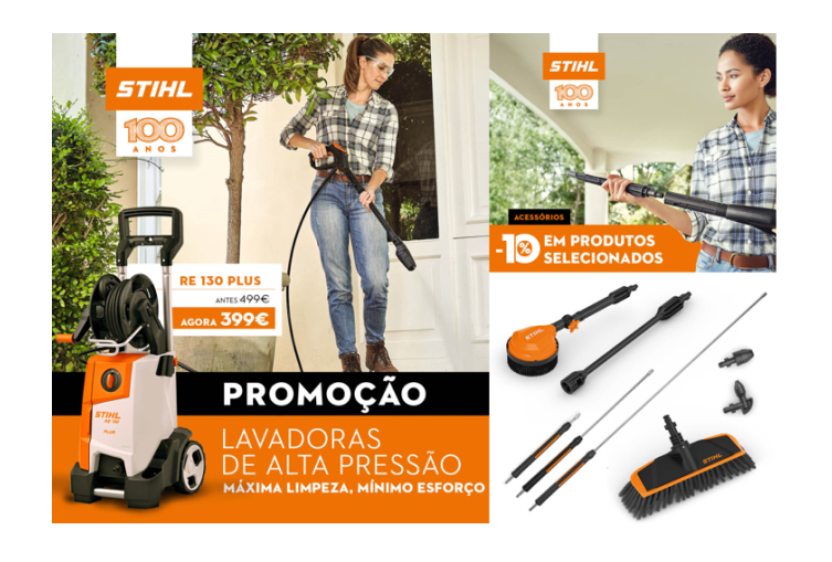 Quatro imagens de pessoas trabalhando no jardim com diferentes máquinas da STHL.