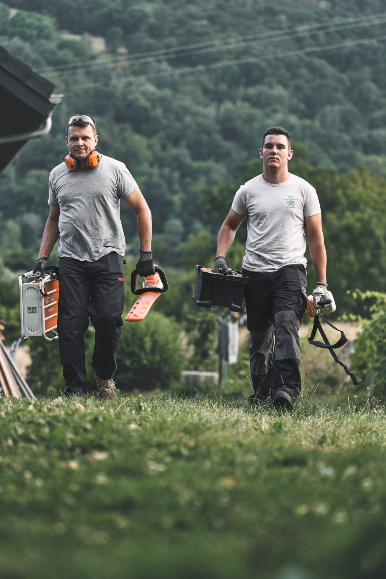Dois profissionais caminham num prado com máquinas a bateria STIHL