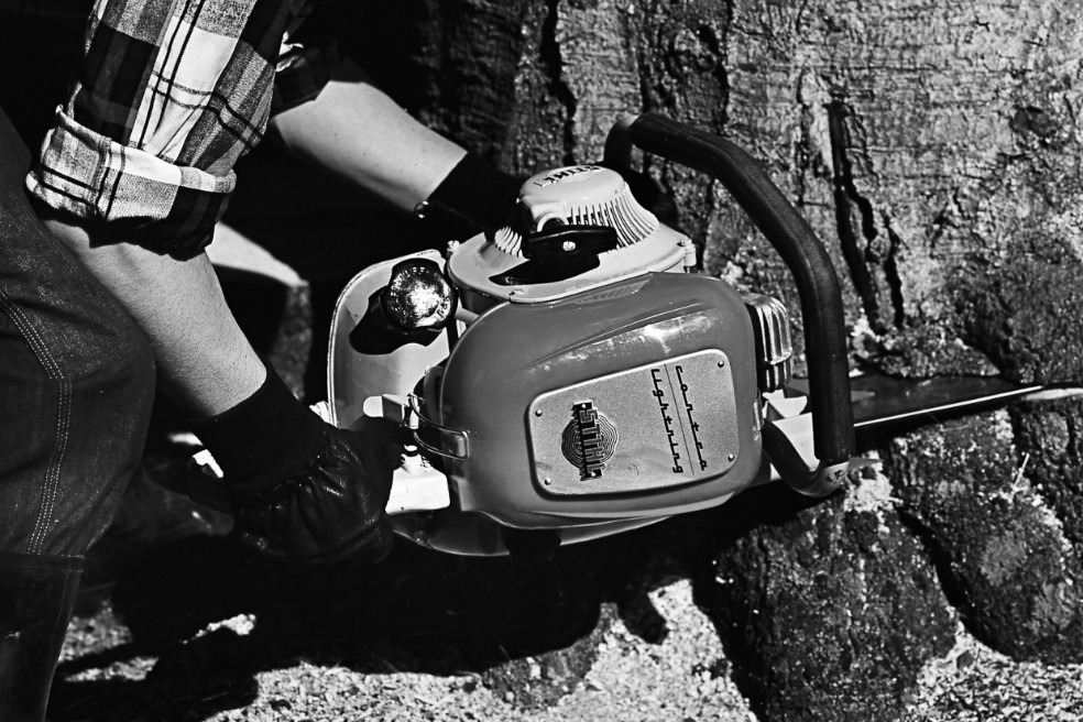 Foto antiga, tirada de perto e em preto e branco, onde se vê alguém a abater uma árvore com a motosserra STIHL Contra