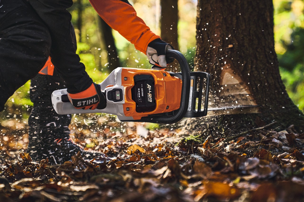 Um utilizador profissional está a cortar árvores na floresta com a motosserra sem fios STIHL MSA 260.