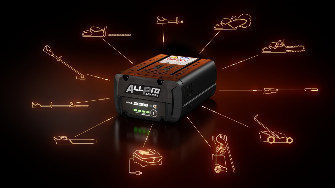 Bateria STIHL ALLPRO AP 300.0 P C com vários símbolos de categorias de produto que indicam compatibilidade