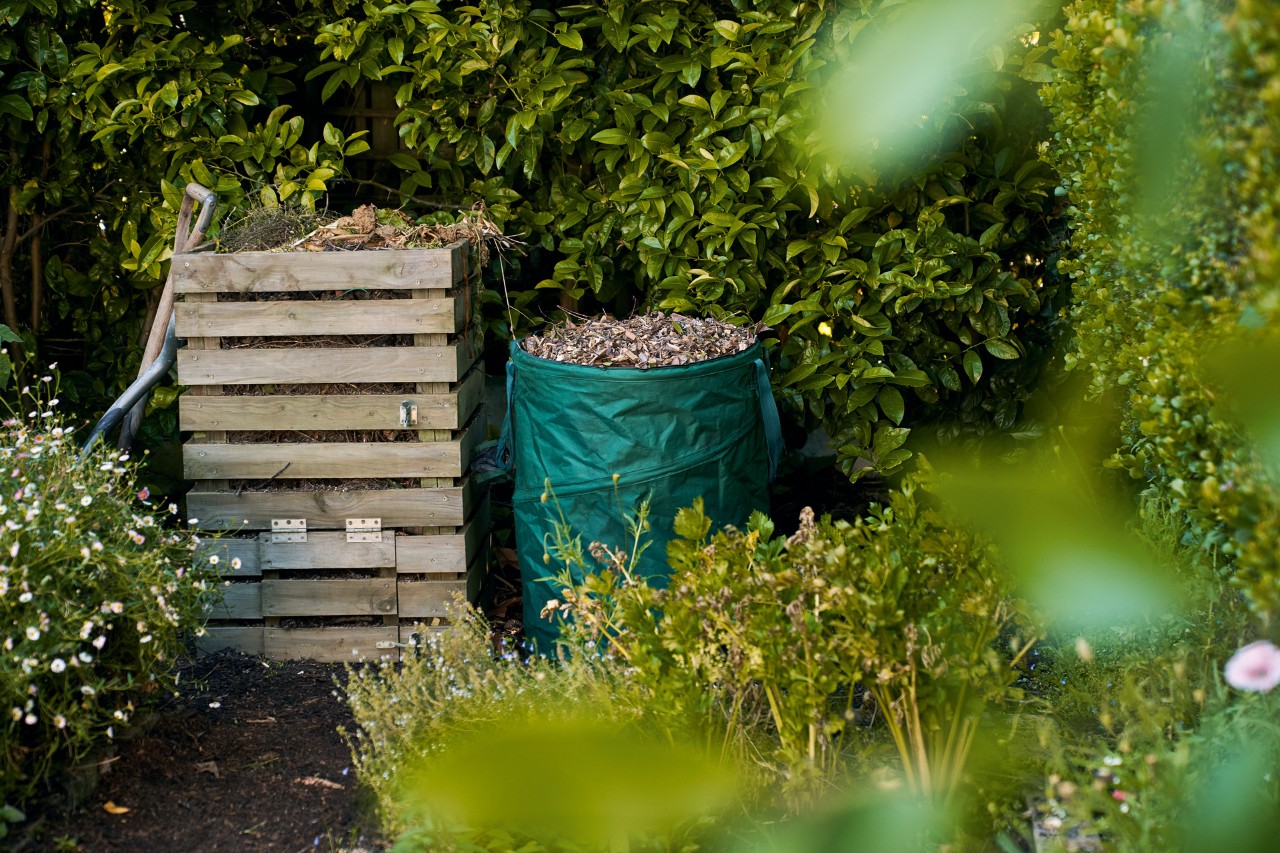 Um recipiente de compostagem de madeira com um saco cheio de folhas ao lado – exemplo de resíduos verdes