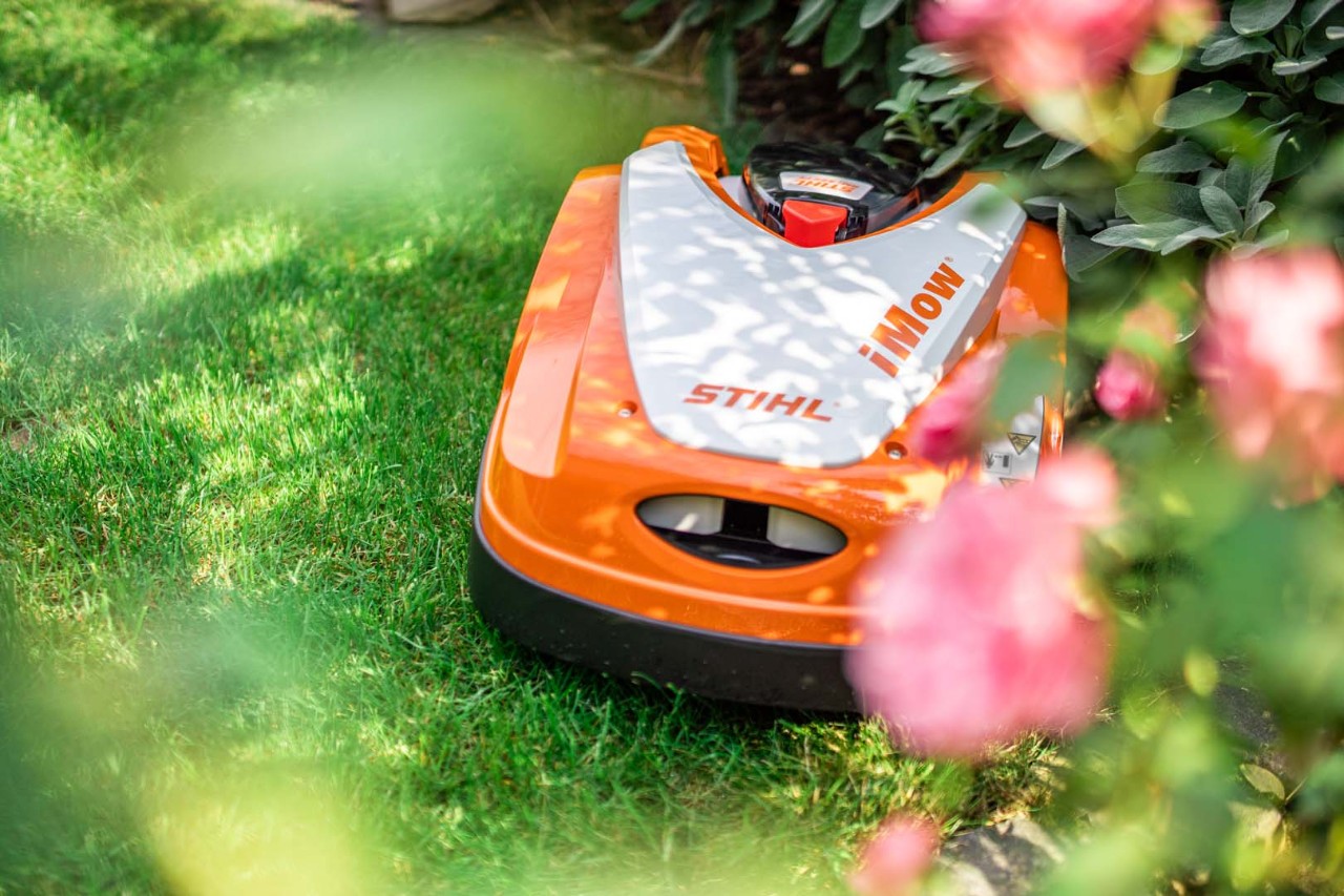Um robot corta-relva STIHL iMOW® RMI 422 P num relvado verde atrás de um arbusto em flor