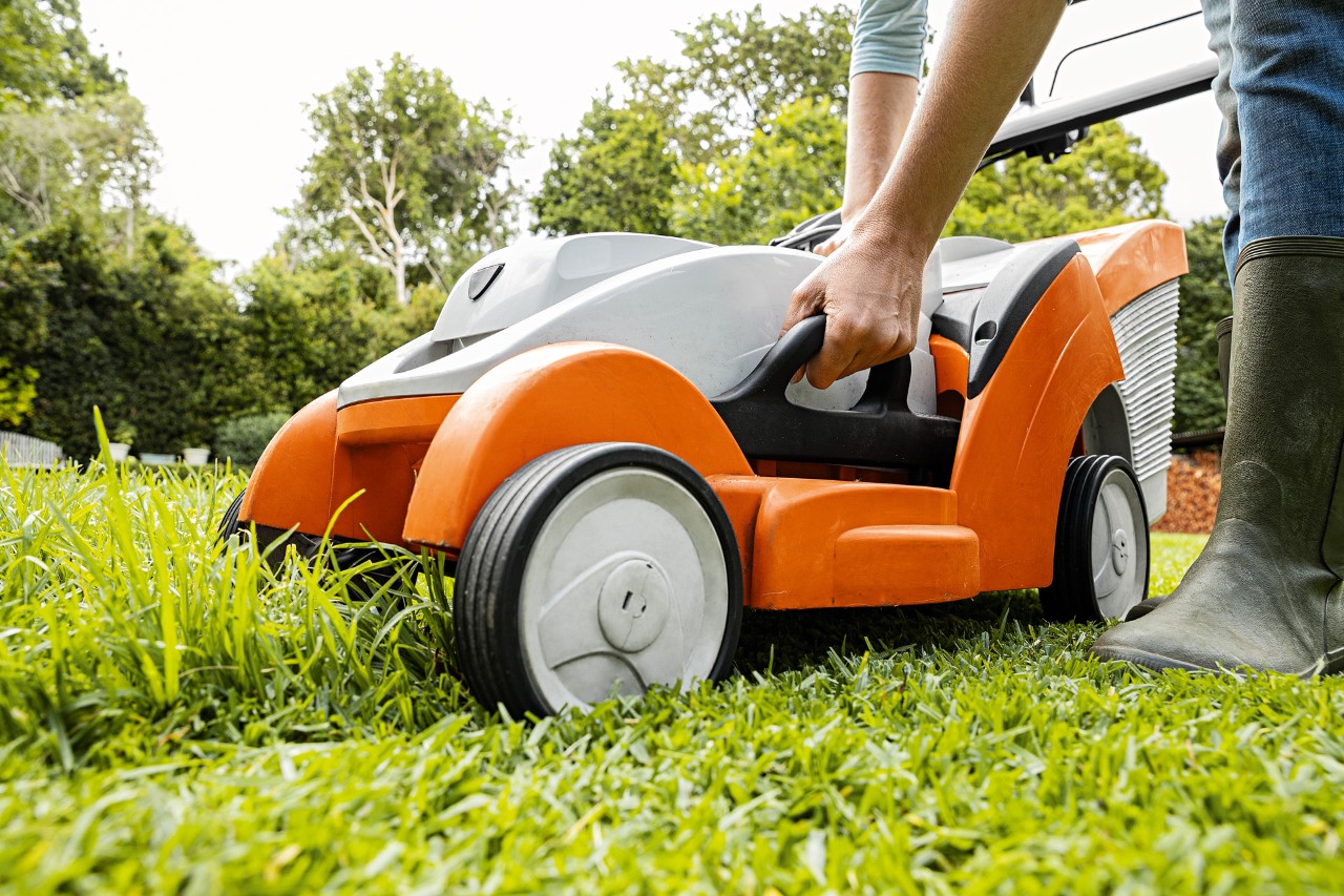 Um corta-relva a bateria STIHL RMA 339 C num relvado parcialmente cortado, com as mãos de uma pessoa no corta-relva para retirar o recolhedor