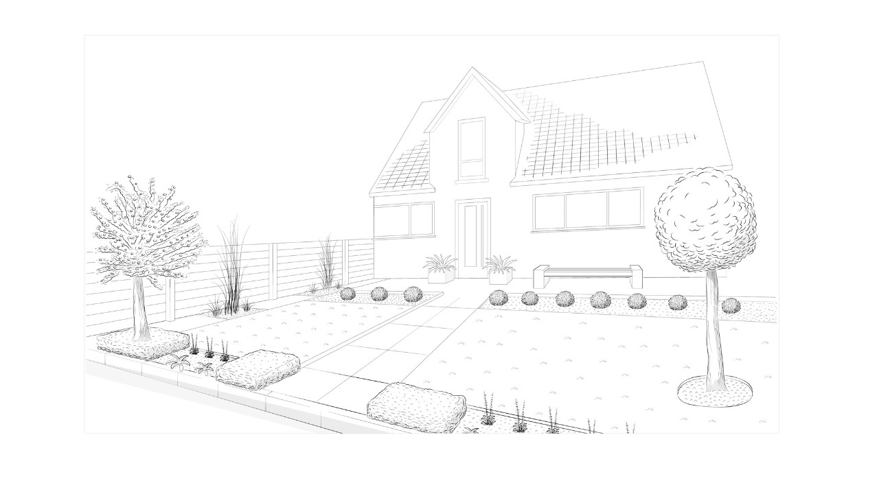 Ilustração de um jardim da frente moderno criado de forma atrativa 