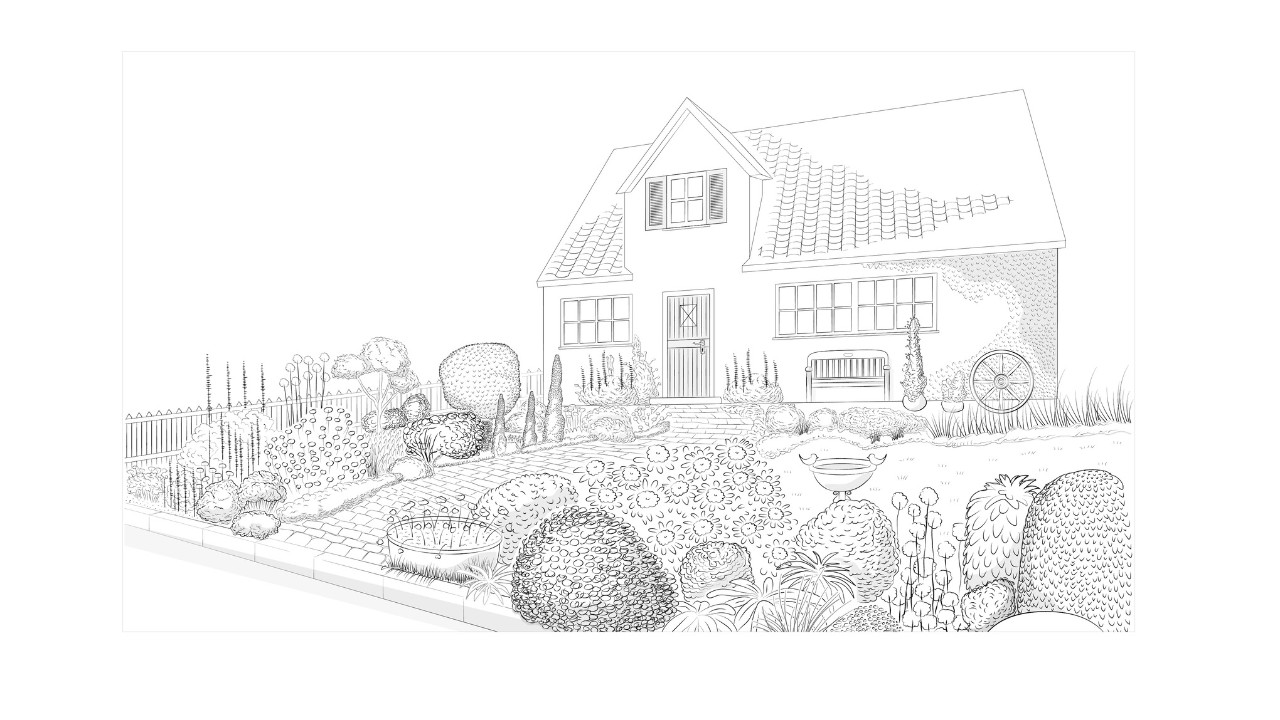Ilustração de um jardim da frente ao estilo rústico criado de forma atrativa