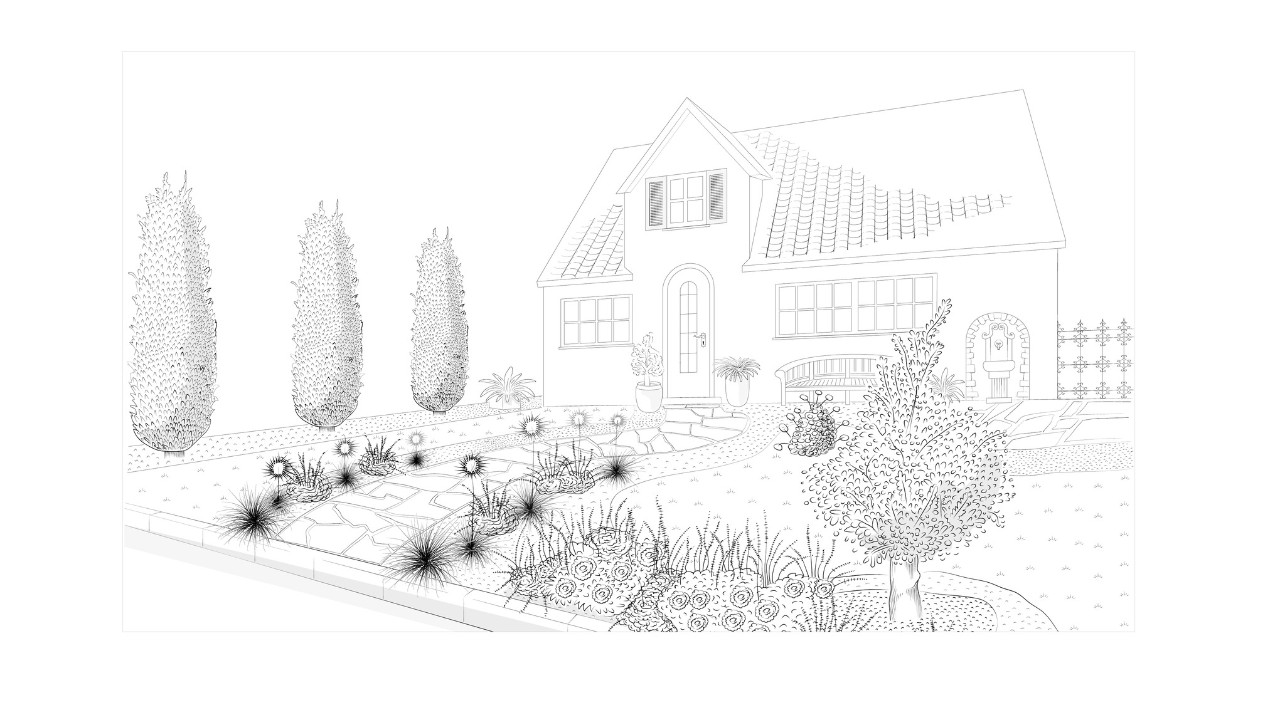 Ilustração de um jardim da frente mediterrânico criado de forma atrativa
