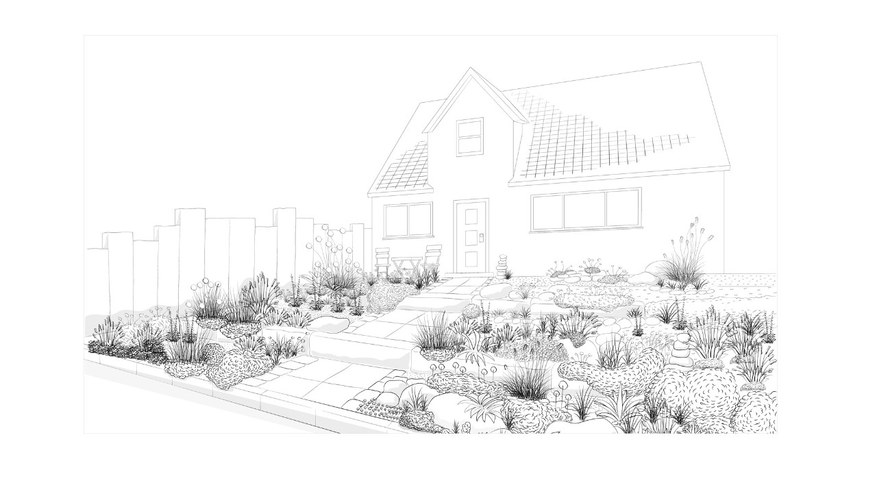 Ilustração de um jardim da frente com pedras criado de forma atrativa