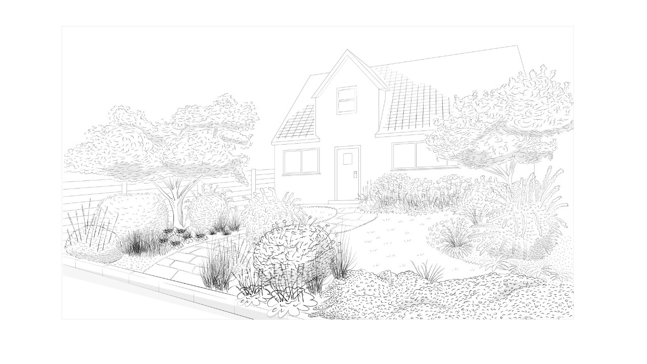 Ilustração de um jardim simples para frente de casas
