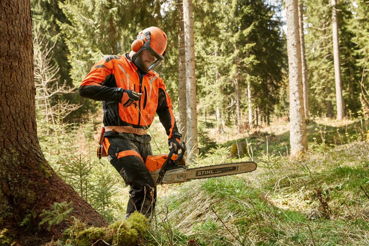 Trabalhador florestal mostra como ligar uma motosserra STIHL MS 462 C a gasolina numa floresta de coníferas