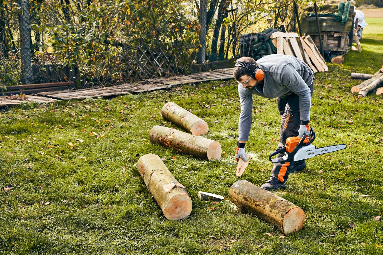 Tronco é protegido com cunhas para não resvalar, por alguém a segurar numa motosserra STIHL MS 180 a gasolina.