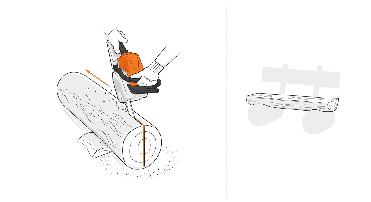 Figura: Uma motosserra STIHL a cortar um toro ao meio para fazer um banco de bricolage para espaços verdes
