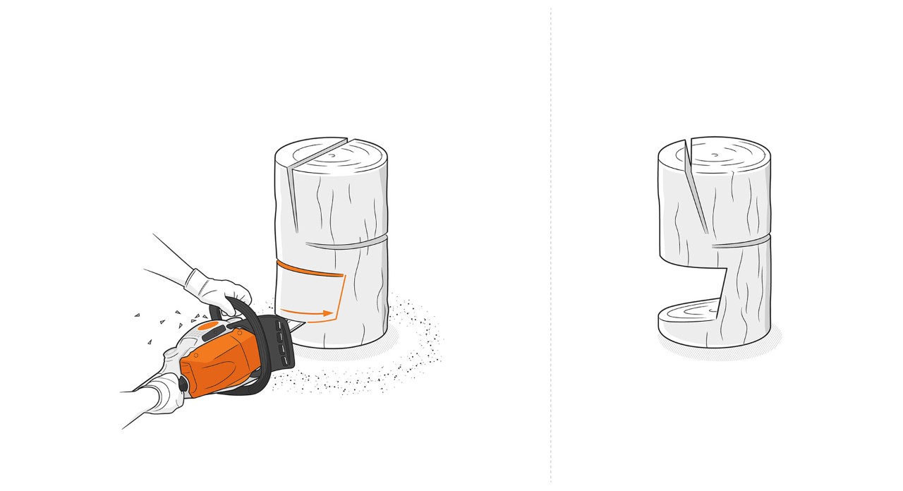 Figura “Como fazer cadeiras de toro”: recorte da base da cadeira de toro usando uma motosserra STIHL