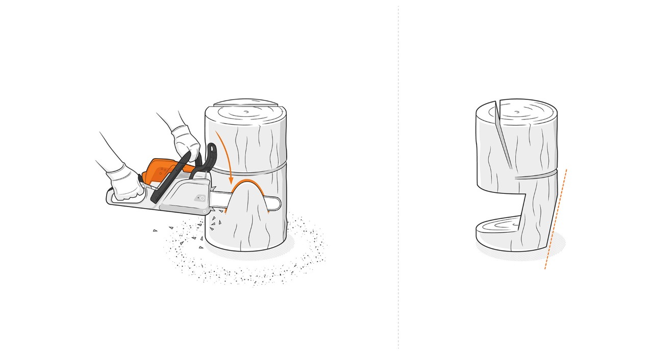  Figura “Como fazer cadeiras de toro”:  a parte da frente da base é cortada com uma motosserra STIHL