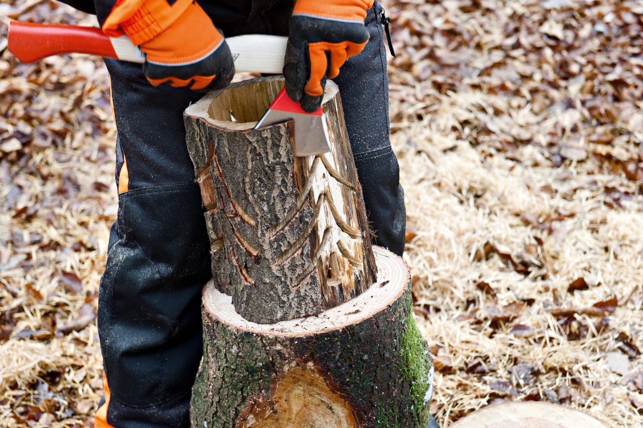 Lanterna de bricolage feita de um toro: casca removida de uma lanterna de toro com um machado florestal STIHL AX 6