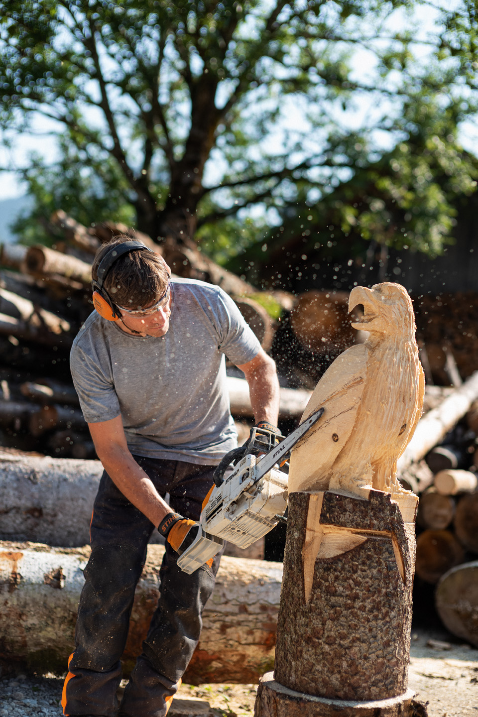 Um homem a fazer uma escultura de águia a partir de um tronco com uma motosserra STIHL MSE 193 CE com guia para esculpir