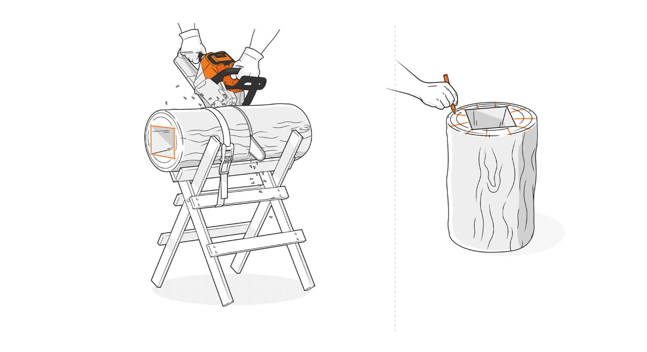 Trunk piece is shortened to the desired length with a STIHL chain saw