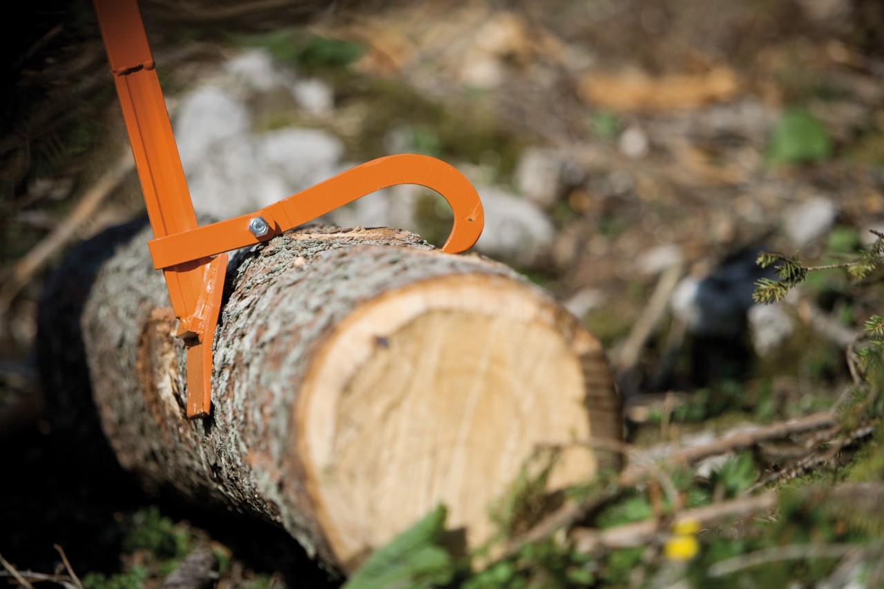 Uma alavanca de abate da STIHL sobre um toro no chão