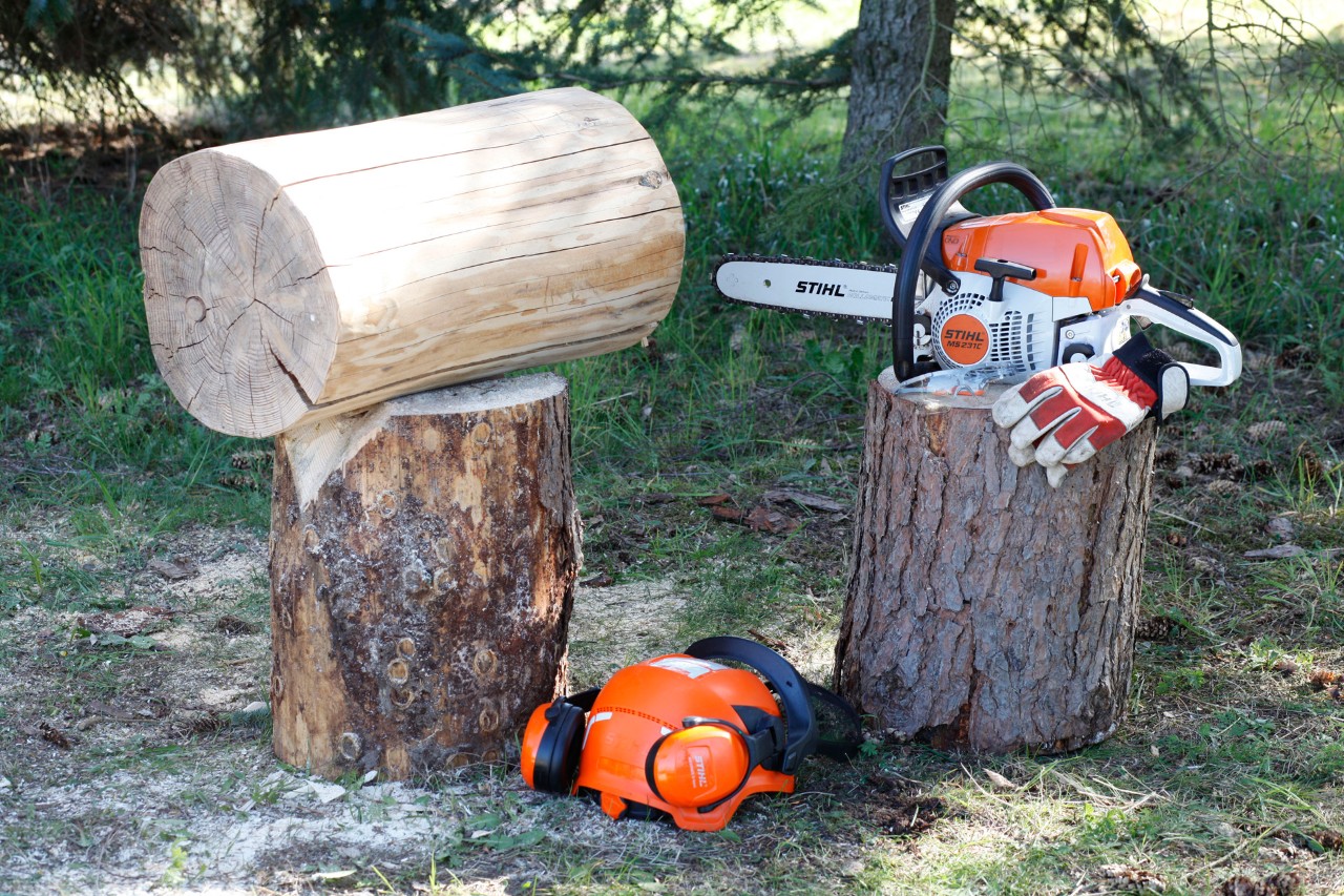 Banco de toro de bricolage: um toro, uma motosserra STIHL MS 231 C e equipamento de proteção dispostos em cepos