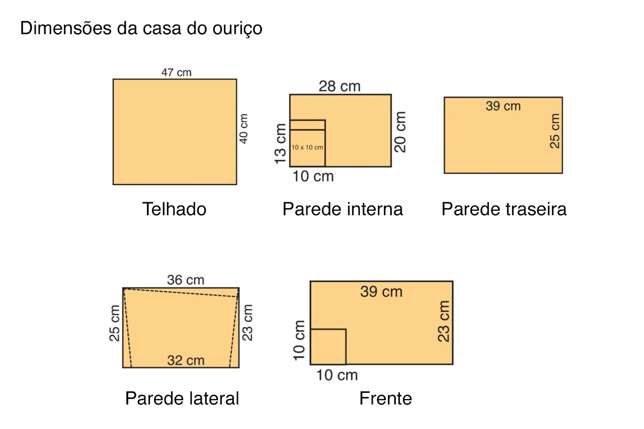 Esquemas a mostrar as dimensões de corte para a madeira para construir uma casa para ouriços-cacheiros