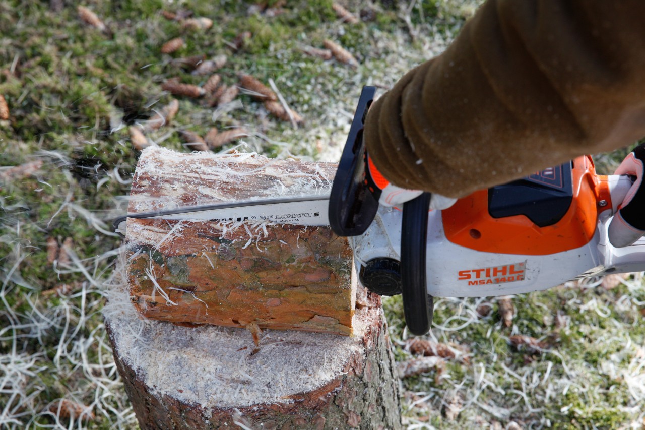 Como fazer um comedouro para pássaros: cortes longitudinais a serem feitos num toro com uma motosserra STIHL MSA 140 C