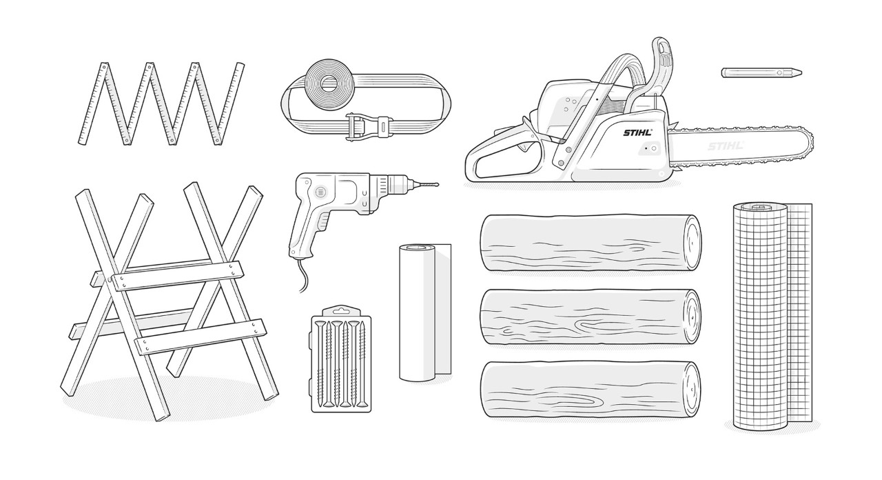 Translation :  Ilustração do material: madeira redonda, motosserra STIHL, cavalete, cinto de tensão, régua dobrável, tela de arame, parafusos de madeira, raspador de bateria