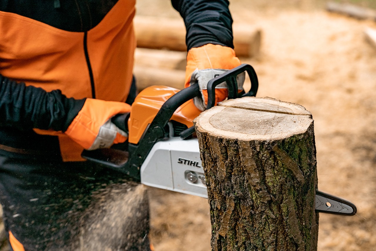 Fazer ornamento em forma de coração a partir de madeira: corte num toro com motosserra a gasolina STIHL MS 170