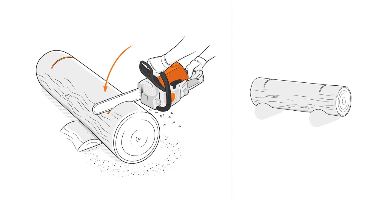 Ilustração: Os topos de uma tora são serradas com uma motosserra STIHL para construir uma floreira.