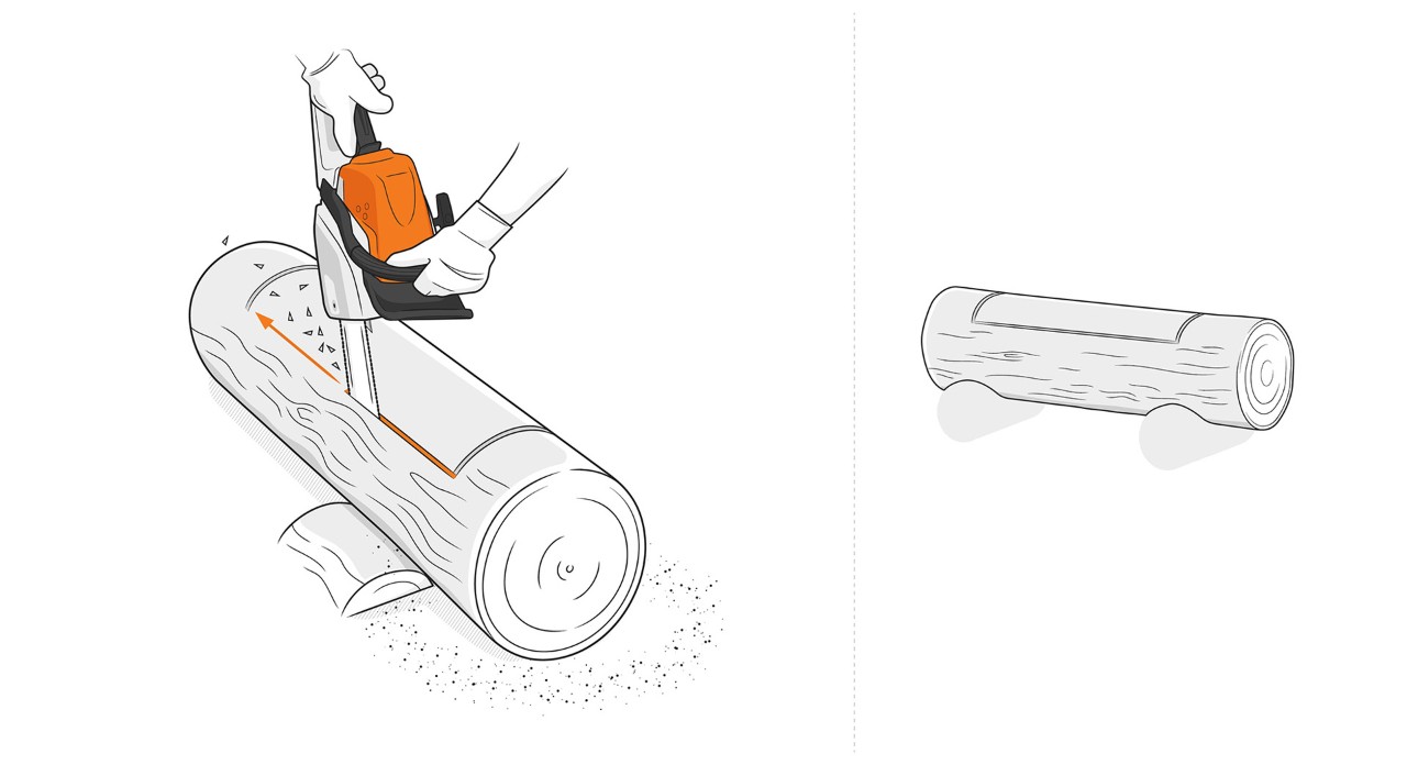 Ilustração: Para construir uma floreira, uma abertura é serrada em um tronco de madeira com uma motosserra STIHL.