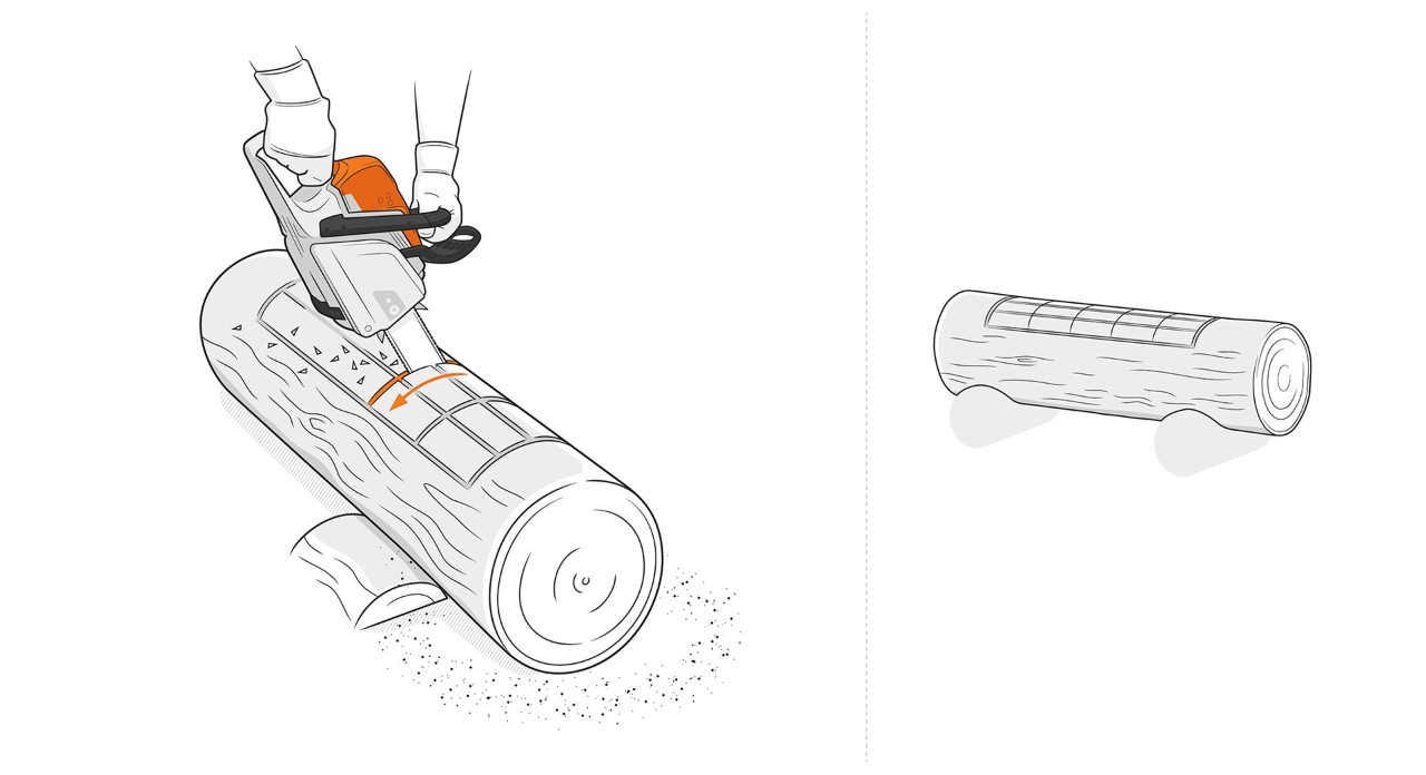 Ilustração: uma motosserra é usada para serrar cortes longitudinais no topo de um tronco de madeira.