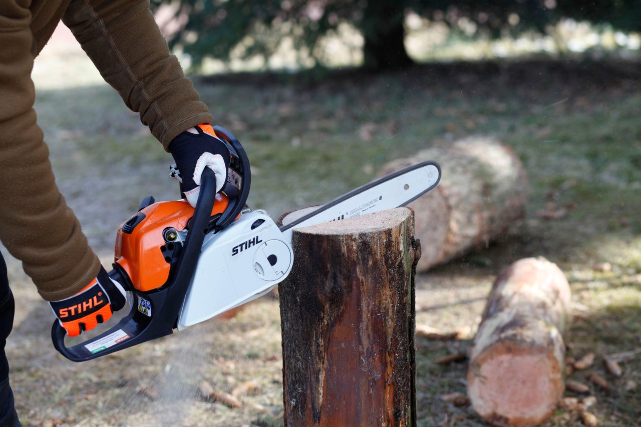 Dois toros na vertical, um com motosserra a gasolina STIHL MS 181 C e outro com acendalhas de churrasco - tocha sueca