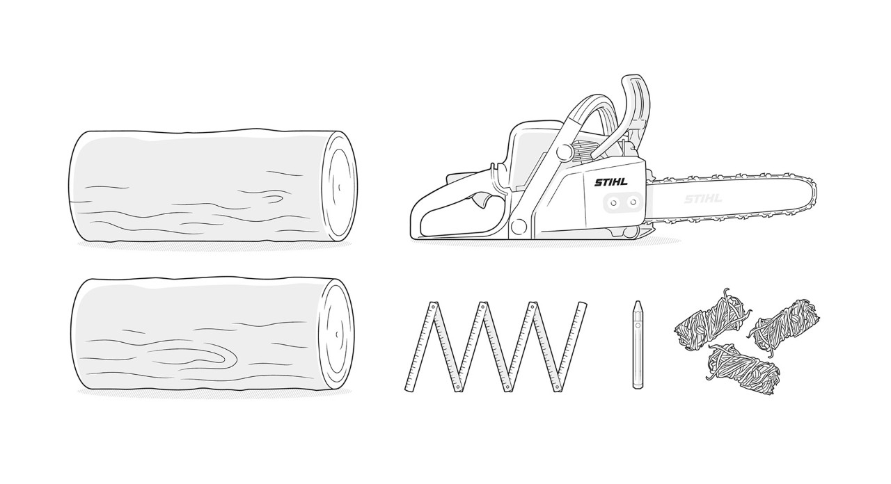 Ilustração: Madeira, motosserra STIHL, régua dobrável, lápis, isqueiro de churrasco