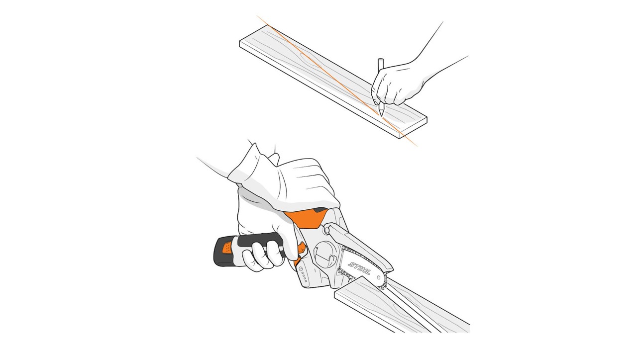 Ilustração de uma pessoa a cortar a tábua na diagonal com a minipodadora de corrente STIHL GTA 26