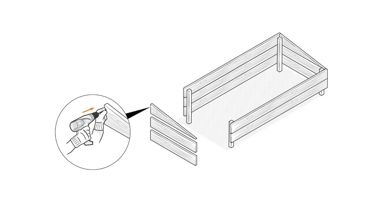 Ilustração de uma pessoa a aplicar tábuas nas madeiras em esquadria, usando um berbequim, para construir uma estufa
