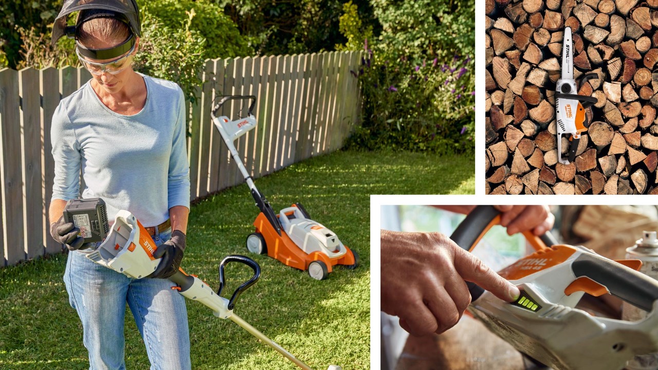 Colagem de imagens: Mulher no jardim com várias máquinas a bateria STIHL