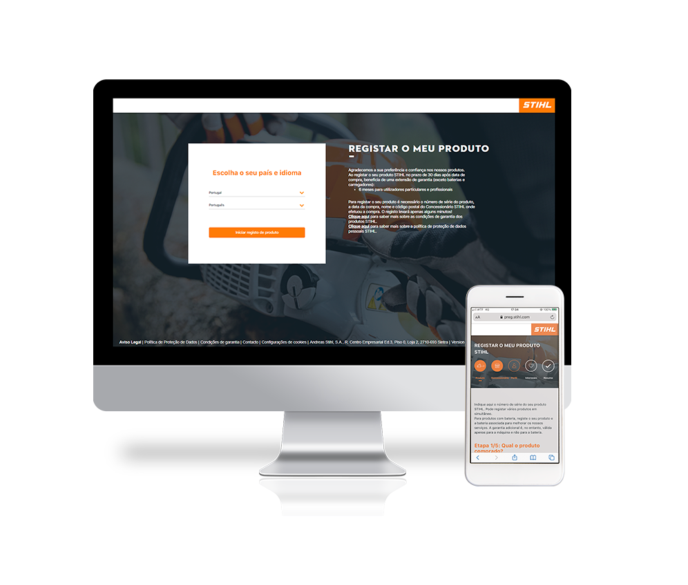 Página inicial de registo de produtos STIHL