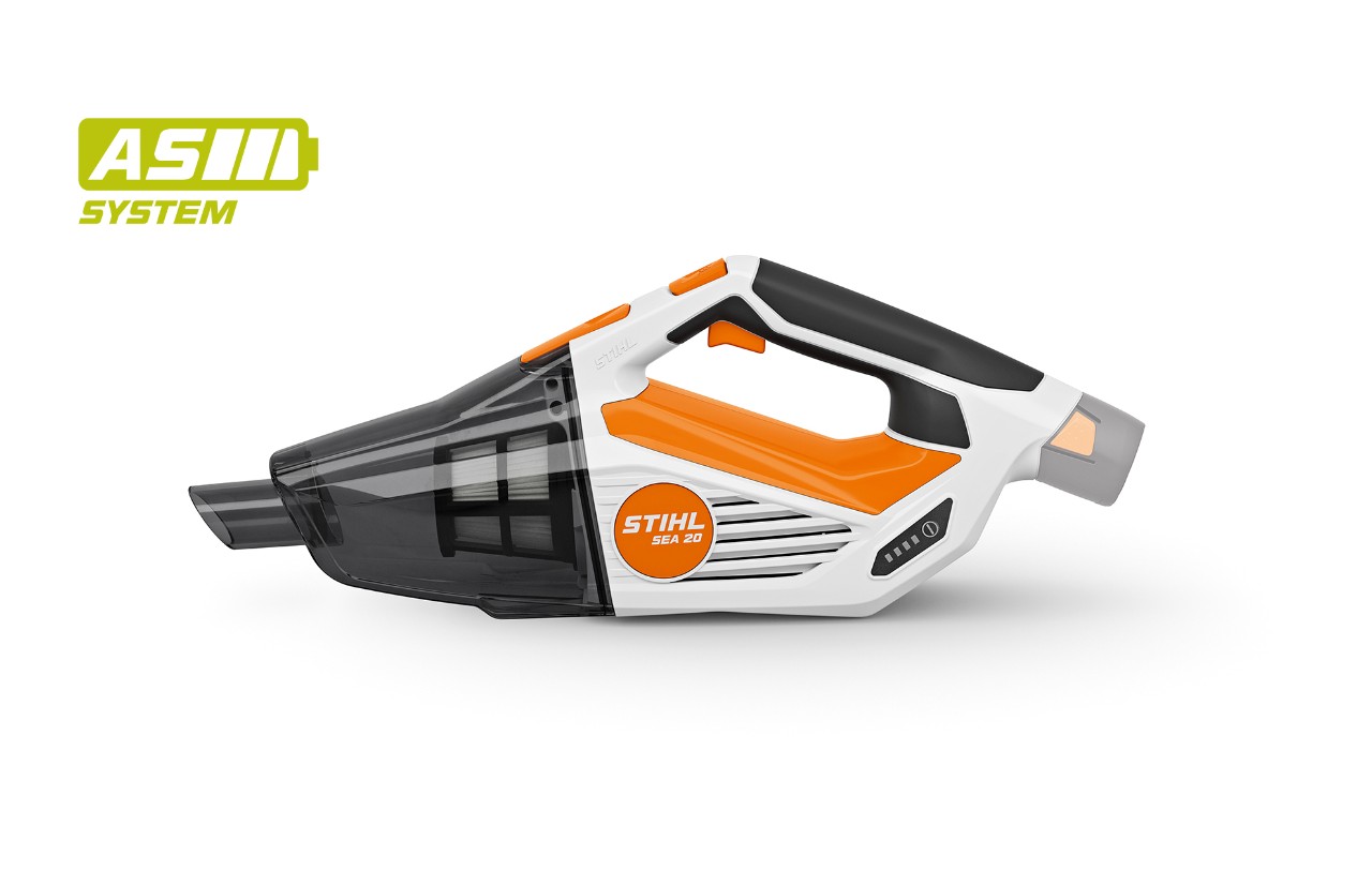 Imagem de produto do aspirador manual a bateria STIHL SEA 20, ícone de bateria em cima à esquerda para o sistema STIHL AS