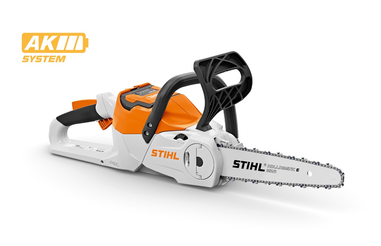 Imagem de produto de uma motosserra a bateria STIHL MSA 60 C-B, ícone de bateria em cima à esquerda para o sistema STIHL AK