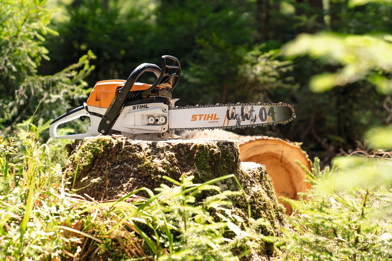 motosserra a gasolina STIHL MS 261 C-M sobre um tronco na floresta