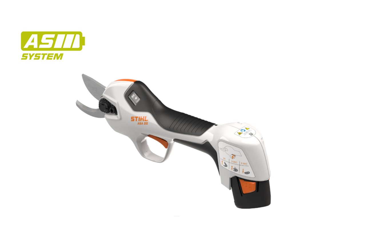 Imagem de produto de um tesourão de poda a bateria STIHL ASA 20, ícone de bateria em cima à esquerda para o sistema STIHL AS