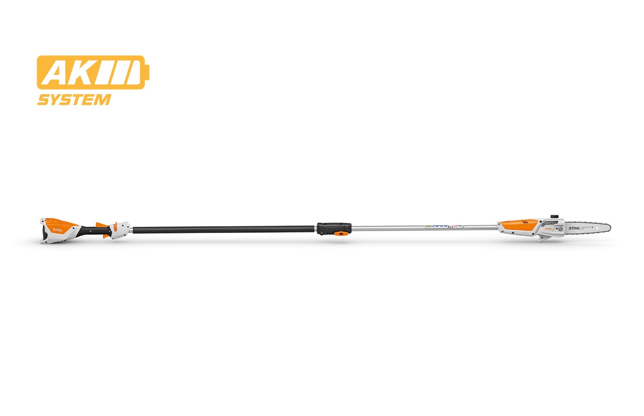 Imagem de produto de uma podadora de altura a bateria STIHL HTA 50, ícone de bateria em cima à esquerda para o sistema STIHL AK