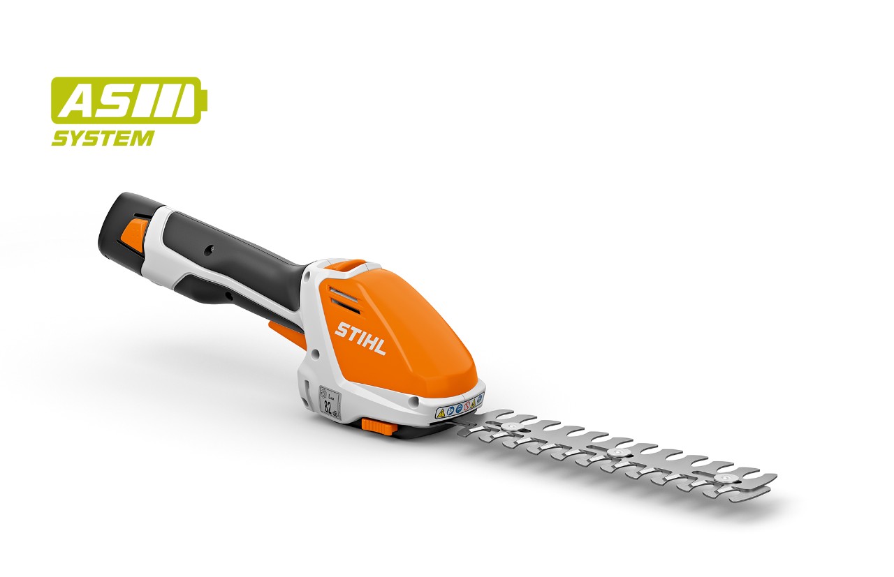Imagem de produto de uma tesoura podadora de sebes a bateria STIHL HSA 26, ícone de bateria em cima à esquerda para o sistema STIHL AS