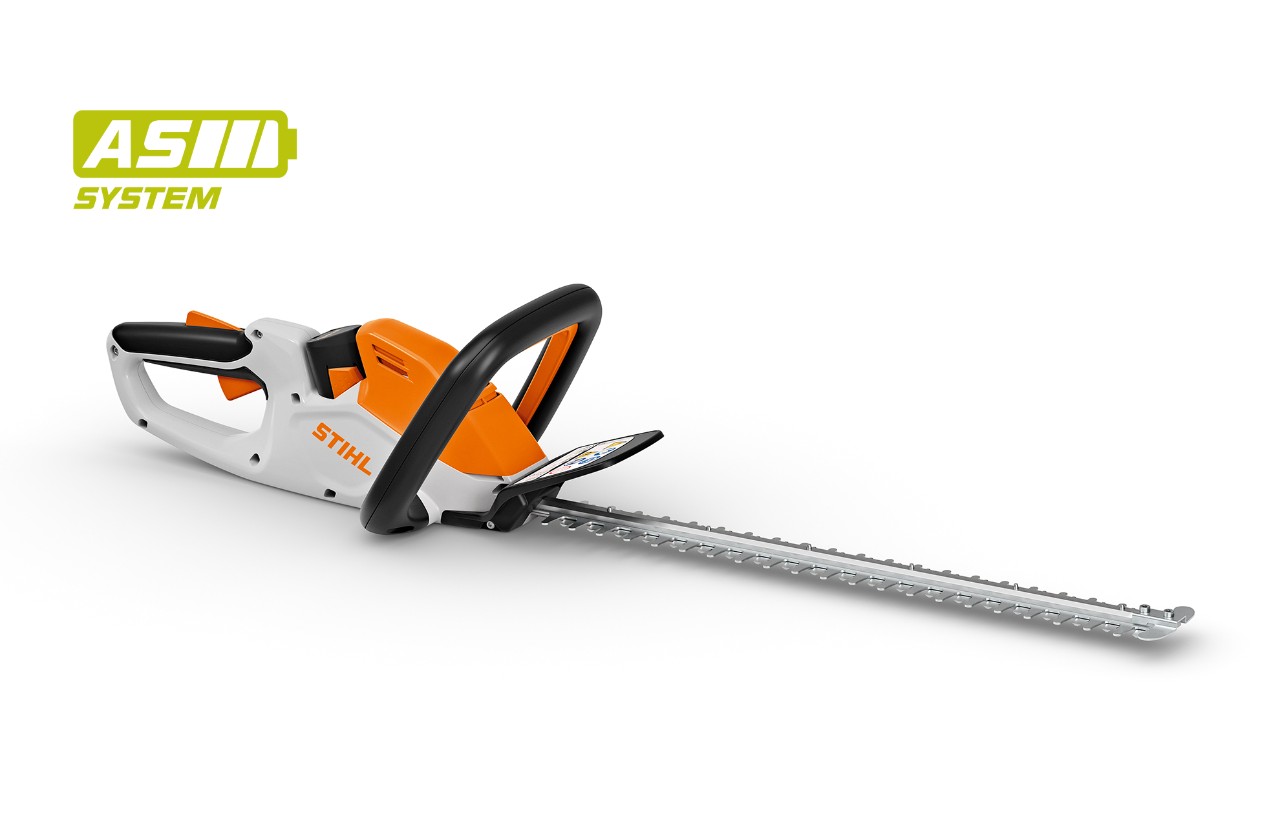 Imagem de produto de uma tesoura podadora de sebes a bateria STIHL HSA 40, ícone de bateria em cima à esquerda para o sistema STIHL AS