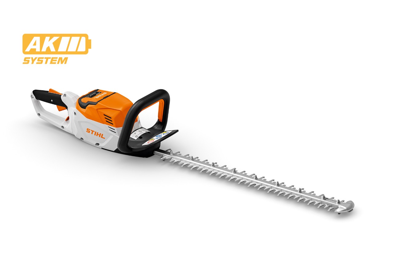 Imagem de produto de uma tesoura podadora de sebes a bateria STIHL HSA 60, ícone de bateria em cima à esquerda para o sistema STIHL AK