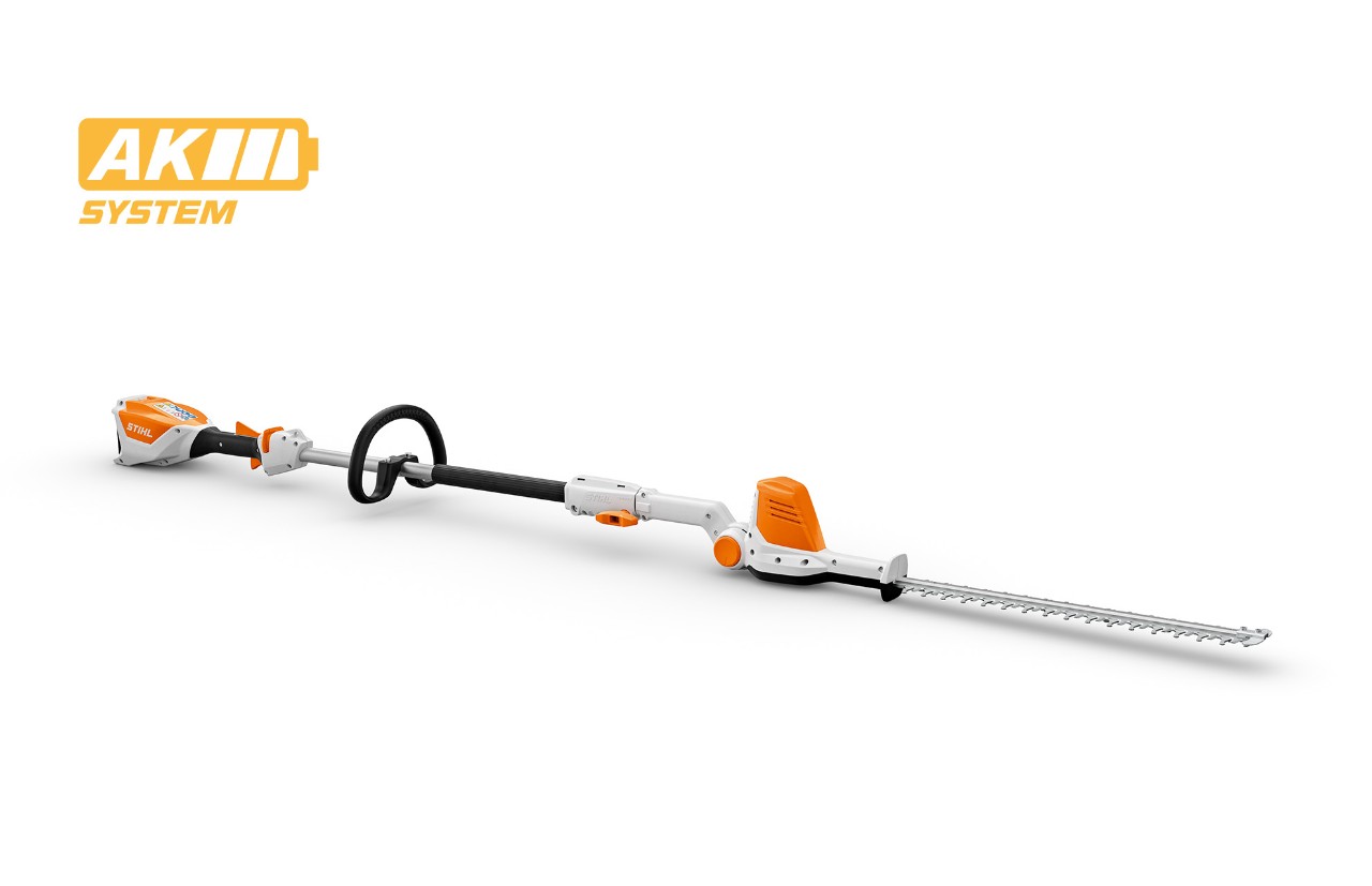Imagem de produto da podadora de sebes em altura angular a bateria STIHL HLA 56, ícone de bateria em cima à esquerda para o sistema STIHL AK
