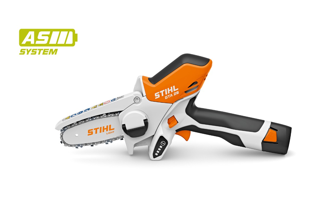 Imagem de produto de uma minipodadora de corrente a bateria STIHL GTA 26, ícone de bateria em cima à esquerda para o sistema STIHL AS