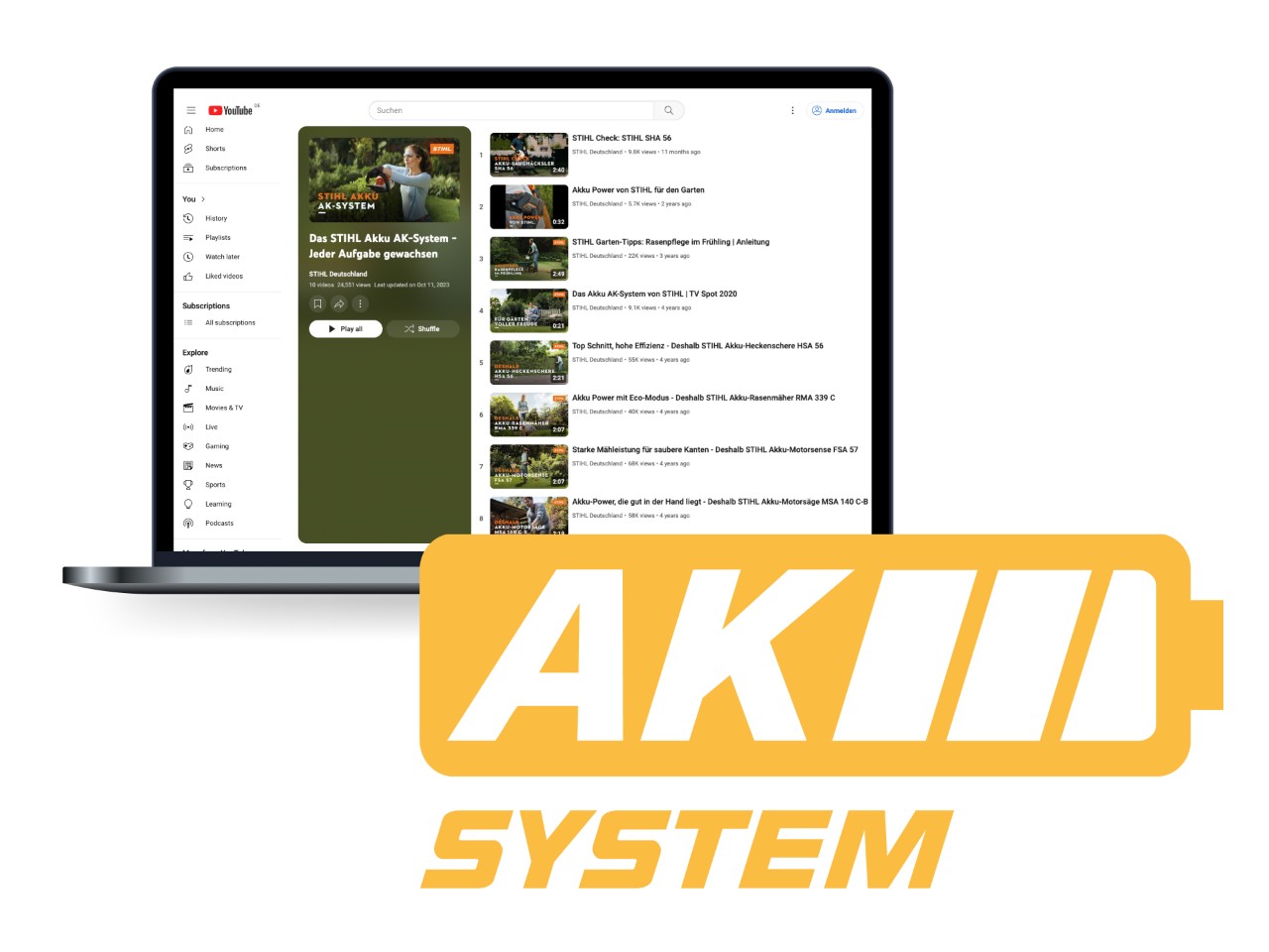 Logótipo do sistema AK da STIHL sob a forma de um ícone de bateria amarelo, um computador portátil em segundo plano