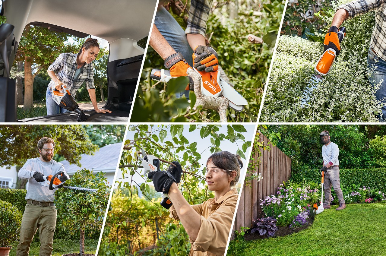 Pessoas a realizar vários trabalhos de jardinagem, por exemplo, topiárias e aparar rebordos de relvado, com máquinas a bateria do sistema AS. Legenda da imagem: As máquinas do sistema AS podem ser utilizadas de várias formas para diversos trabalhos de jardinagem 